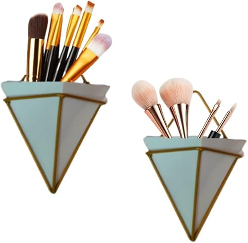 Miniatura 2 de Juego de 2 macetas triangulares cónicas blancas contemporáneas para colgar en la pared con elegantes soportes dorados, bolsillo de pared moderno,