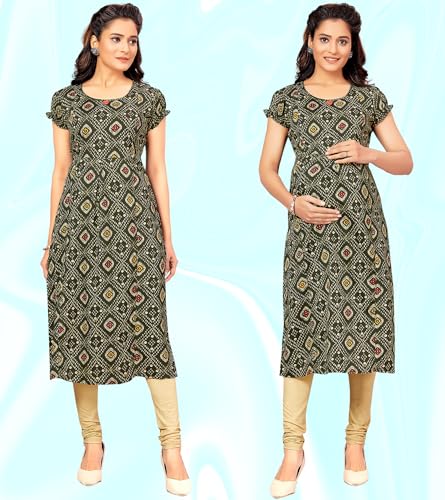 Image of RITIJYA Maternitywear Poly Viscose Straight Feeding Kurtis for Women with Zip | Maternity Dress for Nursing & Pregnancy (9089 40,Energetic Green)