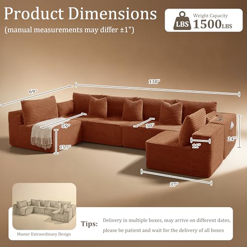 Image of 138 inch Cloud Sectional Couch, Comfort U Shaped Sofa for Living Room, Extra Deep Seats No Assembly, Minimalist Modular Couch, Corduroy (Deep Orange, 6 Seats,U-Shape B)