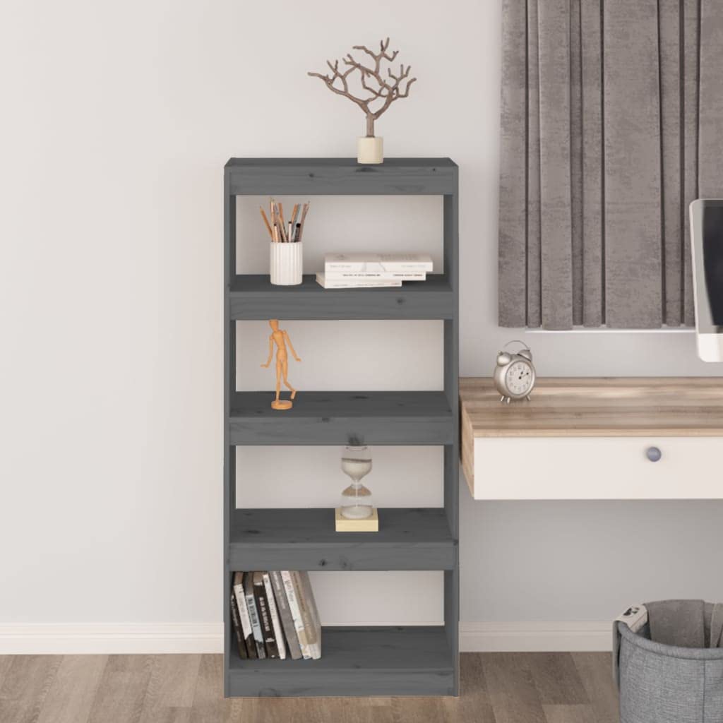 Libreria divisoria grigia, 60 x 30 x 135,5 cm, in legno di pino massiccio, per soggiorno, camera da letto, ufficio, corridoio, versatile, stabile
