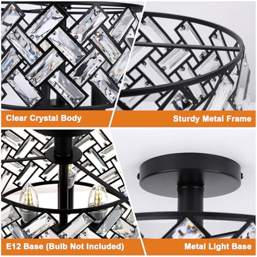 Image of FRIDEKO HOME Black Crystal Ceiling Light - 3-Light Light Fixture Ceiling Mount Semi Flush Mount Ceiling Lights for Kitchen Bedroom Hallway Living Room Dining Room（3 Light-Black）