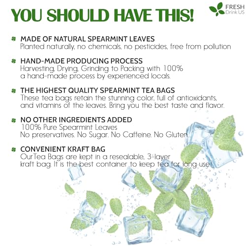 Image of FreshDrinkUS, Premium 50 Spearmint Tea Bags, 100% Natural Spearmint Leaves. Loose Leaf Spearmint Herbal Tea. Spearmint Leaf Tea. No Sugar, No Caffeine, No Gluten, Vegan.