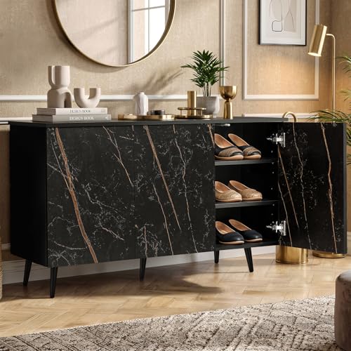 Image of ABOUT SPACE Shoe Cabinet - 3 Tier Shoe Rack with Door | Press Open 3 Door Engineered Wood Shoes Stand for Home | Adjustable Shelf Raised Legs, 15 Pair Chappal Stand |Black & Black Marble