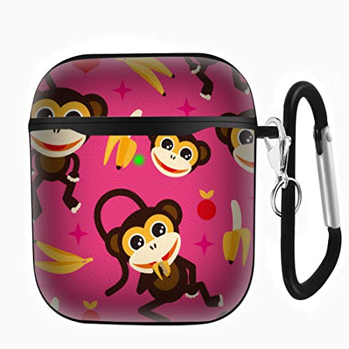 Slim Form Fitted Printing Pattern Cover Case With Carabiner Compatible With Airpods 1 And Airpods 2 / Adorable Kids Monkey And Banana Illustration #TOP2