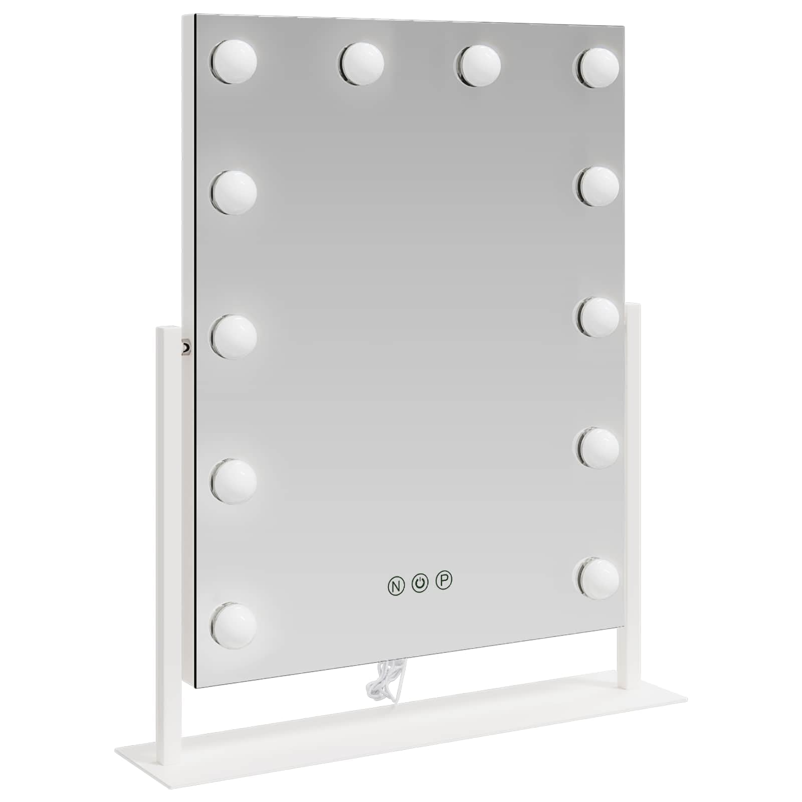 Lusterko do makijażu LED, białe, 44 x 10 x 53 cm, szkło stalowe, z funkcją ściemniania, sterowanie dotykowe, montaż na ścianie lub stole, USB, ochrona przed zaparowaniem, powiększające