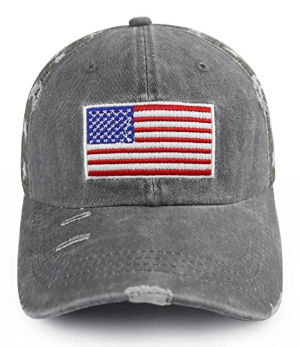 Image of American Flag Trucker Hat for Men Women, Adjustable Vintage Embroidery Washed Distressed USA Baseball Cap