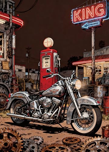 Rompecabezas para adultos de 1000 piezas: Motocicleta en una gasolinera, arte de cómics estadounidenses, incluye bolsa de almacenamiento, decoración para pared, 27,5" x 19,6" miniatura 1