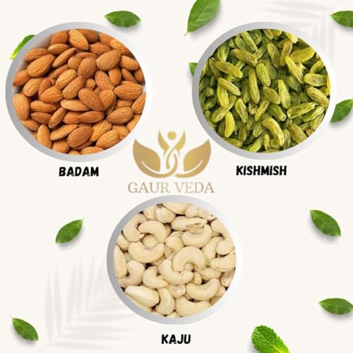 Image of GAURVEDA Chia Seeds, Basil Seeds and Gond Katira Combo Pack (50 Grams Each, Badam + Kishmish + Kaju)