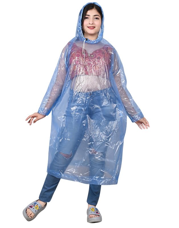 dressify PVC Transparent Water Proof Reusable Poncho/Raincoat/Rainwear with Hoodie & Travel Pouch (Multicolor, Free Size) Blue Color-picture-46
