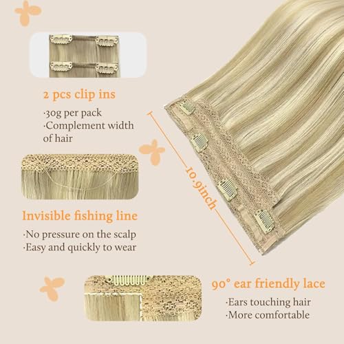 Image of DOORES Wire Hair Extensions, 18 Inch 95g Fish Line Weft Extensions and 2pcs 30g Clip ins Light Blonde Highlighted Golden Blonde, 100g Invisible Seamless Wire Real Human Hairpiece