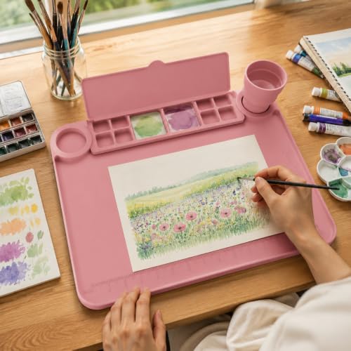 Image of Svartur Silicone Painting Mat with Removable Paint Palette and Cup, Coral Pink