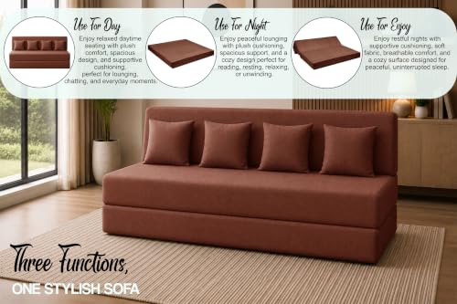 Image of Sofa Cum Bed with Jute Fabric, Convertible Four Seater Sofa Bed 6x6 Ft, Comfortable Cushioned Seating, Space Saving Design for Living Room, Bedroom & Guest Room - Brown Color