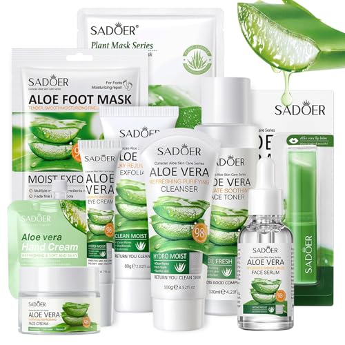 Leogony 10PCS Skin Care Sets for Women Aloe Vera Gift Set for Teenage Girls Face Skincare for Teen Girl, Green
