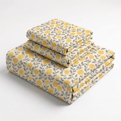 Image of VAS COLLECTIONS Premium 240 TC Cotton Double Bedsheet Set with 2 Pillow Covers | Breathable Floral Print Bedding | Fade Resistant | 228 x 254 cm, Ochre & Charcoal, Double Flat (90x100) Charcoal