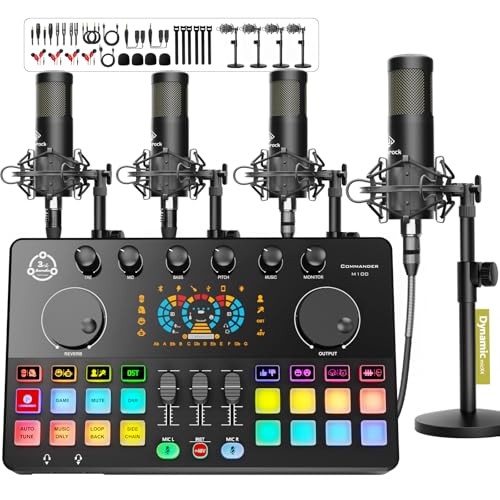 Podcast Equipment Bundle for 4, Audio Interface with 4 Dynamic Microphone, 4 Desktop Mic Stands...