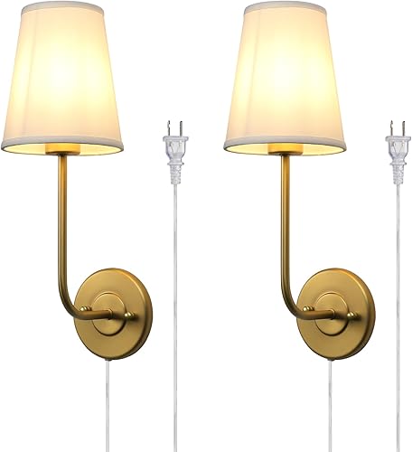 Pathson Set of 2 Plug in Wall Sconces, Rustic Wall Lighting Fixtures with OnOff Switch and Pure White Fabric Lampshade, Antique Brass Wall Lamps for