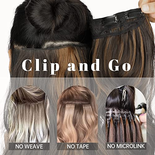Image of KooKaStyle Clip in Synthetic Hair Extensions Long Wavy 4PCS Thick Hairpieces Dark Walnut Brown Fiber Double Weft Natural Hair Extensions 20 Inch for Women