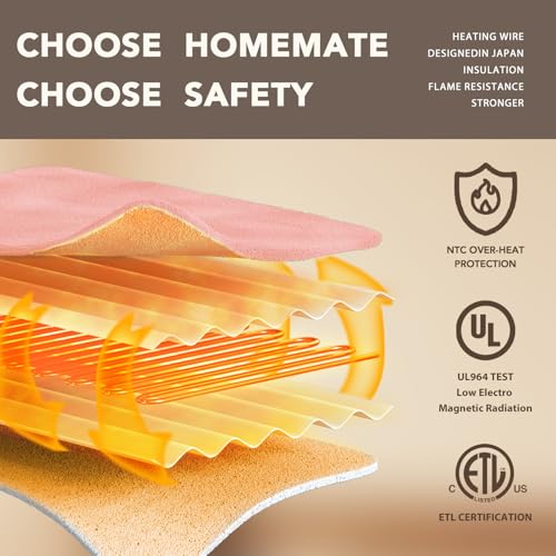 Image of Homemate Electric Heated Blanket Twin Size - 62 inchx84 inch Heating Bed Blankets Throw with 8 Hours Auto Off 10 Heating Levels Fast Heating Over-Heated Protection Soft Warm Flannel Bed ETL Certified Pink