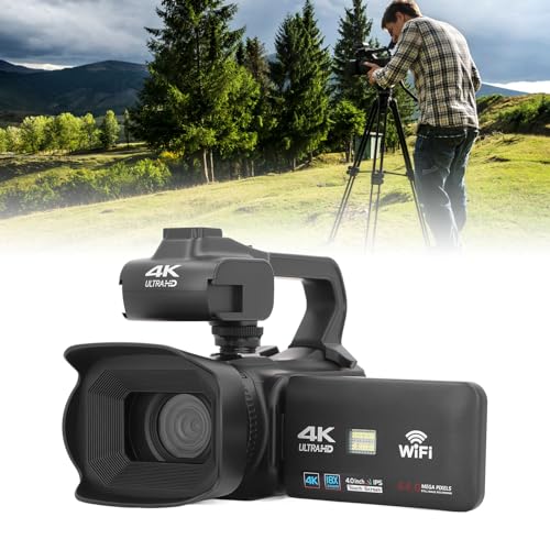 Videocamera 4K, Videocamera per con Visione Notturna Wi-Fi, Zoom Digitale 64MP 18x, Fotocamera per Vlog con Touch Screen da 4 Pollici con Microfono, Luce di Riempimento