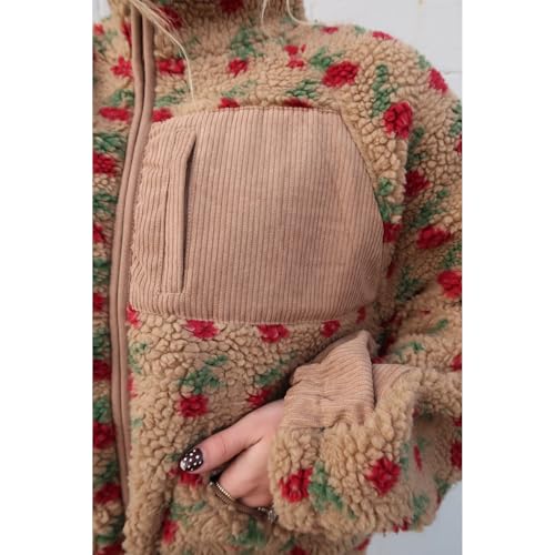 Ainangua Printed Fuzzy Sherpa Fleece Jacket Women Oversized Plush Zip Up Floral Sweatshirt Winter Warm Casual Outwear3