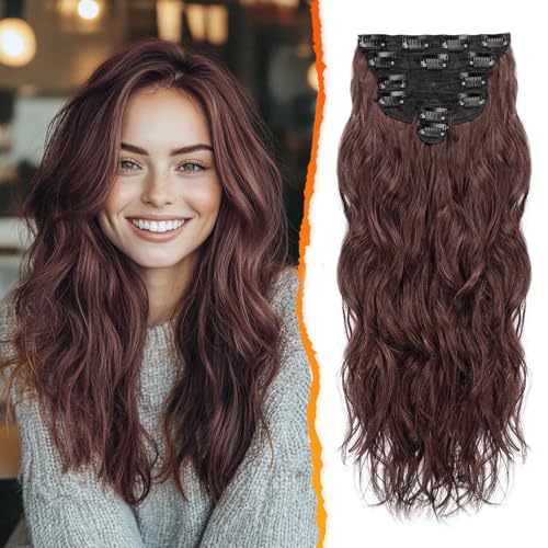 BARSDAR Clip en Extensiones de Cabello, 50cm Largo Ondulado Castaña Extensión de Pelo Clip en 6 Piezas Rizado Natural Sintética Postizos para Mujer Fiesta Diaria (Rojizo Castaña Marrón)