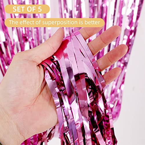 Image of 5 Pack Pink Fringe Foil Curtain 3.2ft x 8.2ft Tinsel Backdrop Streamers for Birthday Party Decoration Wedding Christmas Decoration