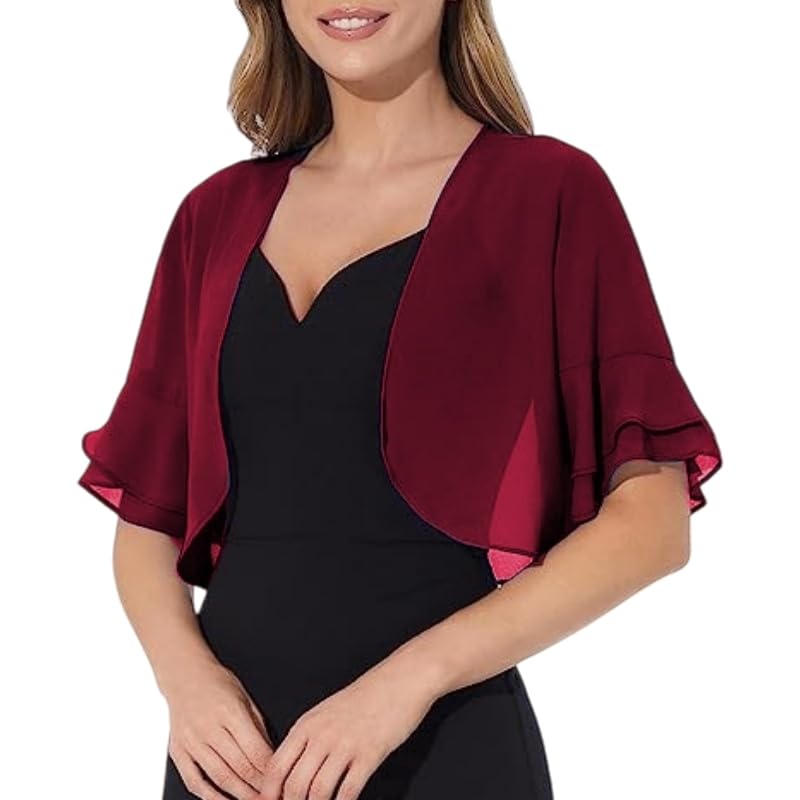WLLDDDIU Bolero de Gasa con Volantes y Mangas Cortas para Mujer, Ligero, Corto, para Vestidos de Noche, Bodas, Ocasiones Formales, Color Burdeos, Talla L