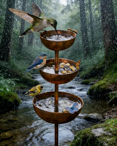 Rain Catcher - Plant Support Metal Garden Ornament 2026 New Rain Catcher Garden Stake with 3-Tiered Water Bowls Bird Bath & Butterfly Feeder Outdoor Yard Art Decor (1)
