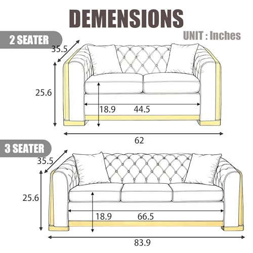 Image of KEIKI 84 inch Luxury Oversized Velvet Chesterfield Sofa with 2 Pillow & Gold Stainless Decoration, Italian Modern Style 3-Seater Button Tufted Couch with Rolled Arms, Easy Assembly, for Living Room, Navy