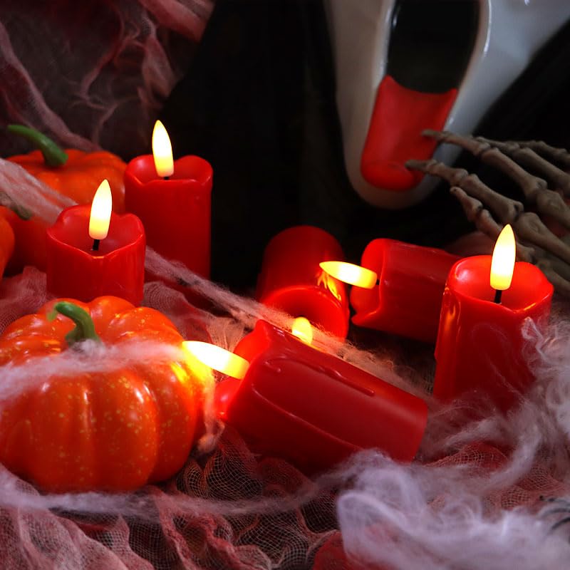 Image of 6 Pack LED Flameless Votives with Built-in Timer Realistic Black Wick Drips Battery Operated Electric Candle Set for Home Party Wedding Halloween Christmas Decorations 1.5 inch D x 3.5 inch H, Red