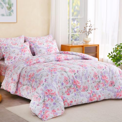 Image of lasoftan Floral Queen Comforter Set with Sheets, 7 piece Luxury Vintage Bedding, Soft Microfiber Bed in a Bag, Cozy Lightweight Bed Set, Pink Floral Botanical