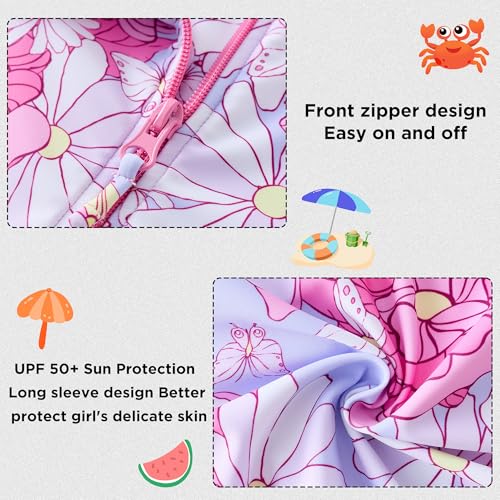 Image of UMELOK Girls Long Sleeve Swimsuit Toddler One Piece Bathing Suit 4-10Years | UPF 50+ Sun Protection,Rash Guard Swimwear,Ruffle,Zipper,Soft And Comfortable Fabric,Swimming Pool,Beach