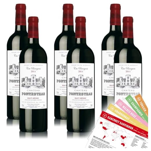 6 Flaschen Rotwein Château Fontesteau Haut-Médoc Cru Bourgeois AOP, trocken, 2011, sortenreines Weinpaket + VINOX Weinkarten (6x0,75 l)