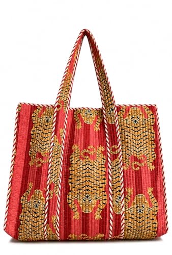 Image of YILLE Cotton Quilted Floral & Tiger Print Tote Bag, 18 x 18 inches For Grocery Shopping, Travel