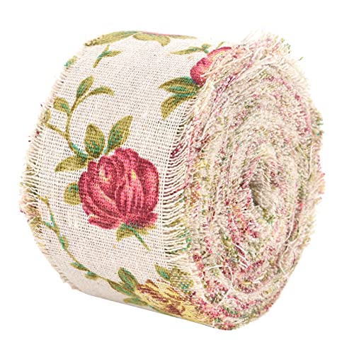QANYEGN Printed Burlap Ribbon, Wide Rose Flower Printed Burlap Ribbon, Hessian Jute Belt Strap, Wedding Cloth Decoration