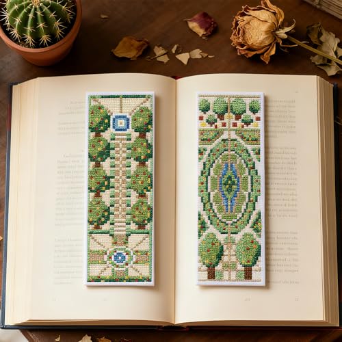 Image of INFUNLY 6PCS DIY Garden Cross Stitch Bookmark Kits 3x8.5inch Fountain Stamped Embroidery Page Marker Kits Plant Needlepoint Bookmark Kit with Pre-Printed Pattern for Book Lovers Readers