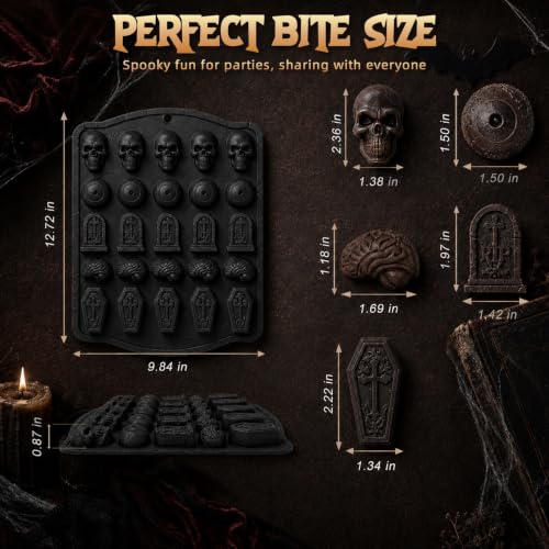 Image of HKNMTT Skull Candy Chocolate Cake Pan 5-Shapes Halloween Silicone Mold | Skull Eyeball Tombstone Coffin Brain Mold 25-Cavity for Candy Gummy Chololate Jello Ice Cubes Muffin Non-Stick Food Grade