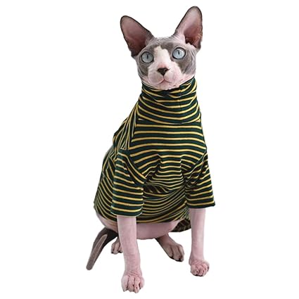 Vintage Stripes Turtleneck Sphynx Hairless Cat Soft Cotton T-Shirts Warm Pet Clothes,Round Collar Vest Kitten Shirts Sleeveless, Cats & Small Dogs Apparel (M (4-5.5 lbs), Vintage Green)