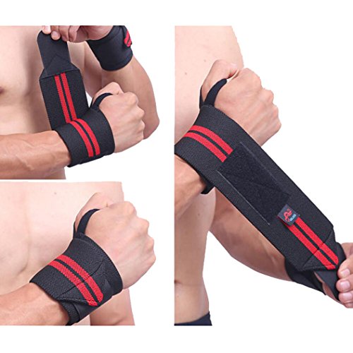 1Pair Strength Bandage Wristband Sports Weightlifting Fitness Training Horizontal Bar Assist Wrap Supporter Bodybuilding Sports Bracers (Red)