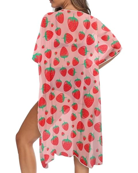 Irisjudy Women Beach Cover Up Cardigans Chiffon Open Front Kimono, Cute Fruits Loose Bathing Suit Cover Ups Wraps
