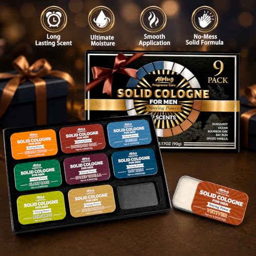 Image of 9 Pack Solid Cologne Gifts for Men, Mens Cologne Gift with Cedar Wood, Clary Sage, Vetiver, Sandalwood, Bergamot, Ocean Bourbon Oak, Bay Rum, Spiced Vanilla Perfume, Gifts for Men Who Have Everything