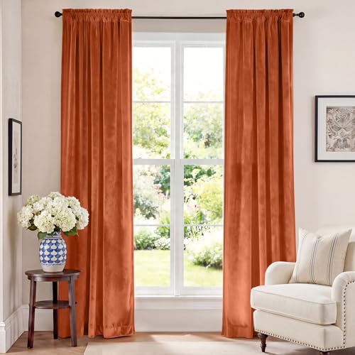 Image of Blackout Pumpkin Velvet Curtains Rod Pocket 52W x 84L 2 Panels | Soft Velvet, For Bedroom & Living Space, Light Shifting Texture, Elegant Luxury Drape, Charming, Warm