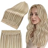 Full Shine Invisible Wire Hair Extensions Human Hair Honey Blonde Highlight Beach Blonde Fish Line Hair Extensions Blonde Highlights Crown Hair Extensions 20inch 80g