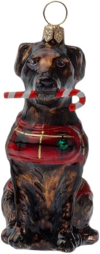 Joy To The World Chocolate Lab with Candy Cane and Coat Polish Glass Ornament