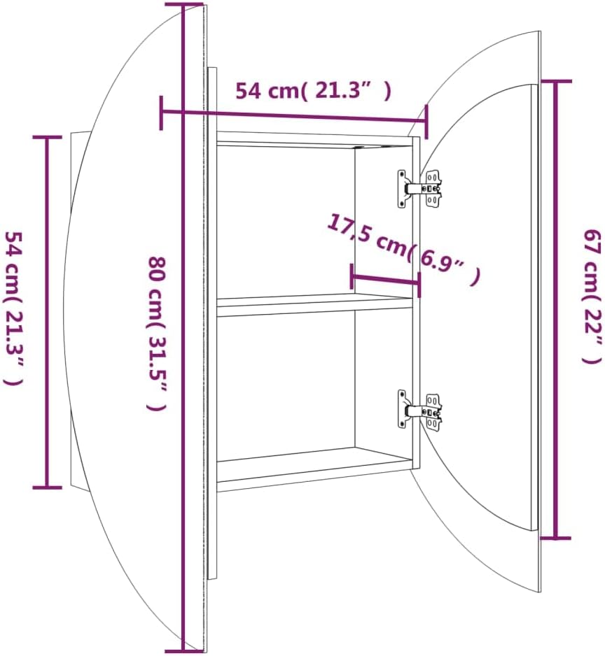 Wall-Mounted Bathroom Cabinet with Round Mirror and Built-in LED Lights, Grey Engineered Wood, Glass, and PVC Storage Cabinet with Two Adjustable Shelves and Copper Finish,