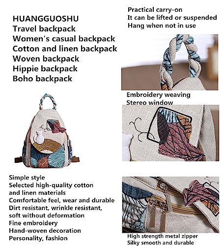 Image of Women's Cotton Hemp Cloth Backpack Boho Vintage Embroidered Casual Purse Handbag Messenger Bag with Cat Design