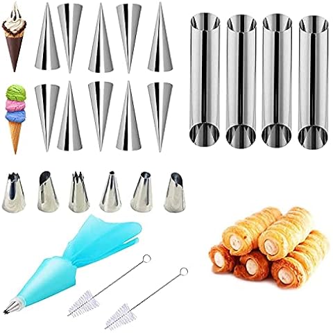 XSEXO Cannoli Baking Mould Cream Corner Mould, 24 Spiral Croissant Moulds Stainless Steel Cone Shaped Cake Mould Cream Roller Mould Cake Tool Set Cover
