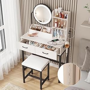 Vabches Makeup Vanity with Round Mirror and Lights, White Vanity Makeup Table with Charging Station, Small Vanity Table for Bedroom, 3 Lighting Modes, 31.5in(L) Vabches Makeup Vanity with Round Mirror and Lights White Vanity Makeup Table with Charging Station Small Vanity Table for Bedroom 3 Lighting Modes 315inL