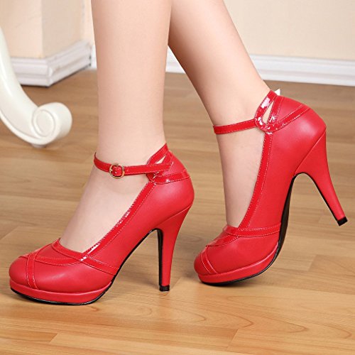 getmorebeauty Women's Vintage Retro Black and White Ankle Strappy Buckle Dress High Heels3