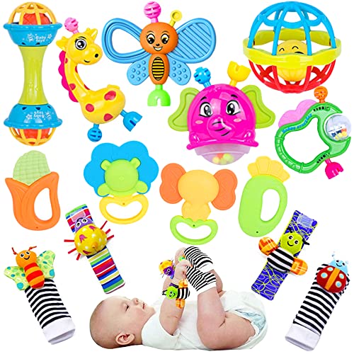 Image of Baby Rattles Toys for 0-6 Months - 18 PCS Infant Toys 0-3 Month Old Baby Boy Girl Gifts Set with Teething and Wrist Socks Rattle Infant Newborn Sensory Toy Baby Easter Basket Stuffers Gifts